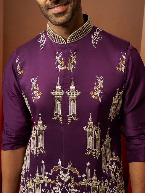 Men Purple Silk 3-Piece Nehru Jacket Set
